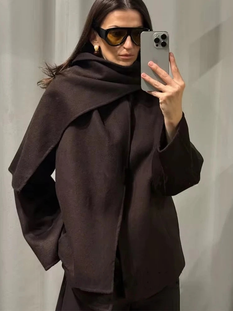Chocolate Brown Scarf Collar Wool Coat