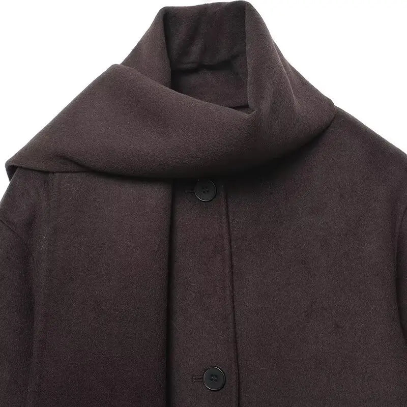 Chocolate Brown Scarf Collar Wool Coat
